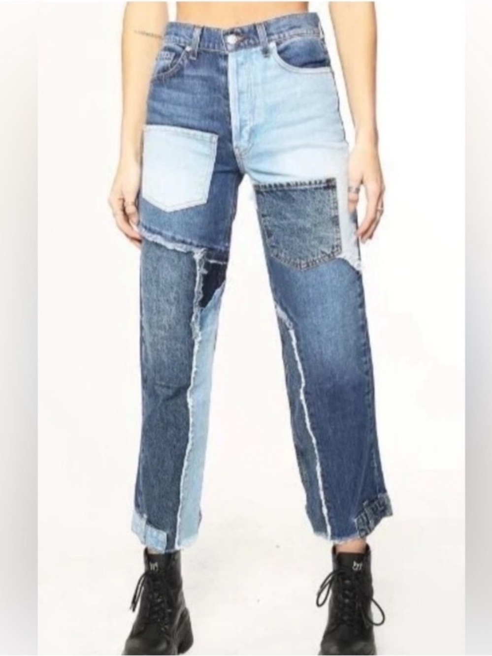REVICE Patchwork Two-Tone Blue Straight-Leg Jeans